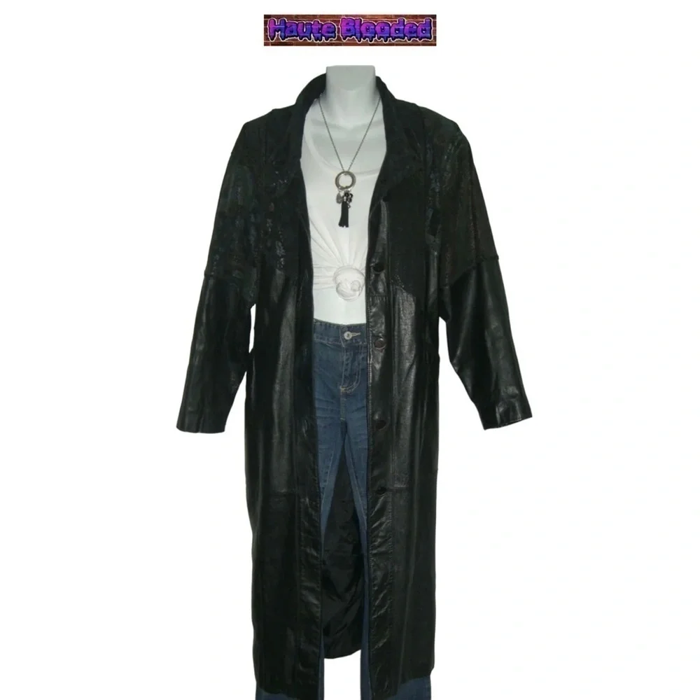 Vintage 90's Long Black Leather Trench Coat Holographic Boho Print Floor Length - Picture 4 of 15